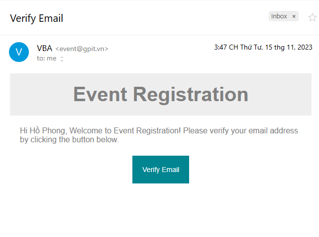 Email xác thực tài khoản Event Registration với nút Verify Email