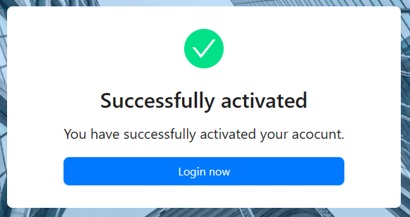 Thông báo kích hoạt tài khoản thành công và nút Login now