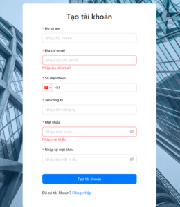 Biểu mẫu tạo tài khoản Event Registration báo lỗi các trường bắt buộc