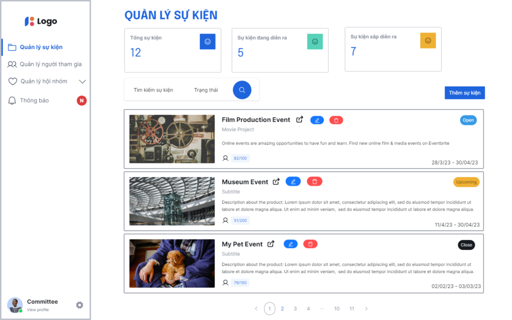 Màn hình Quản lý sự kiện trên VBA Event với thống kê và danh sách sự kiện