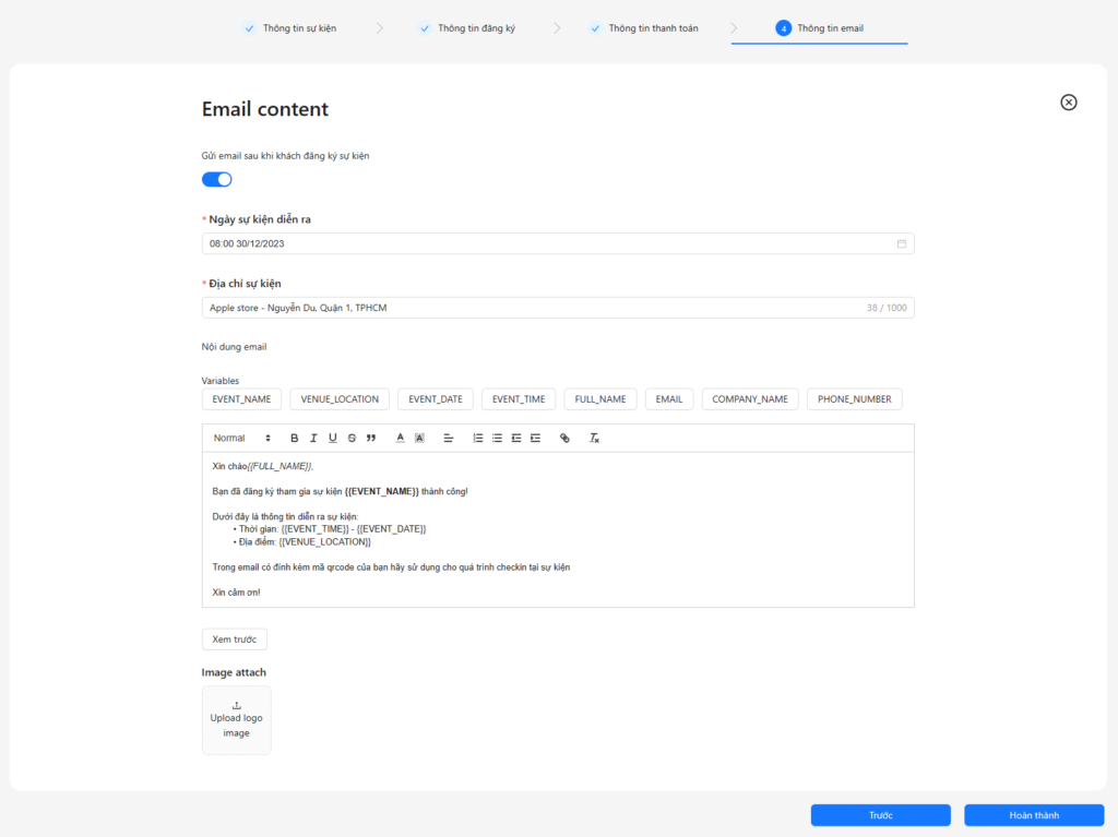 Khai báo thông tin sự kiện: nội dung email gửi khách mời