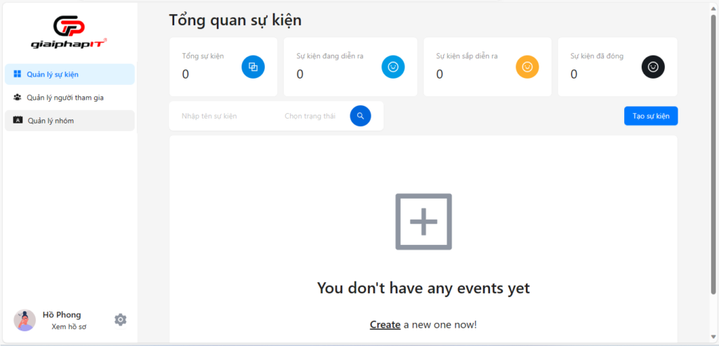 Trang Tổng quan sự kiện khi chưa có sự kiện nào