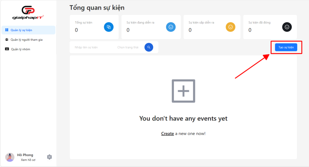 Tổng quan sự kiện và nút Tạo sự kiện