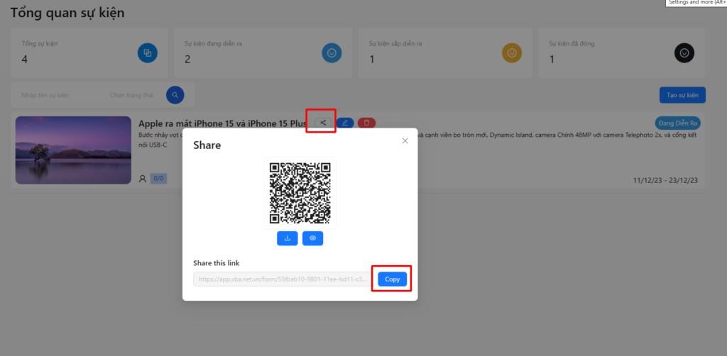 Chia sẻ sự kiện bằng mã QR và liên kết