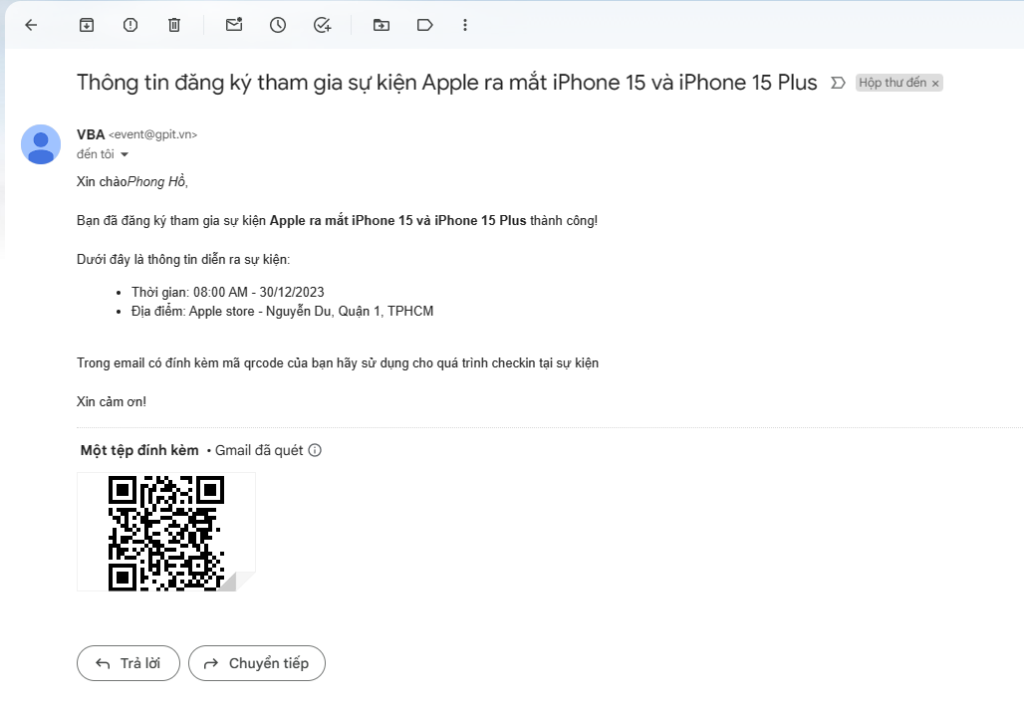 Email xác nhận đăng ký tham gia sự kiện kèm mã QR