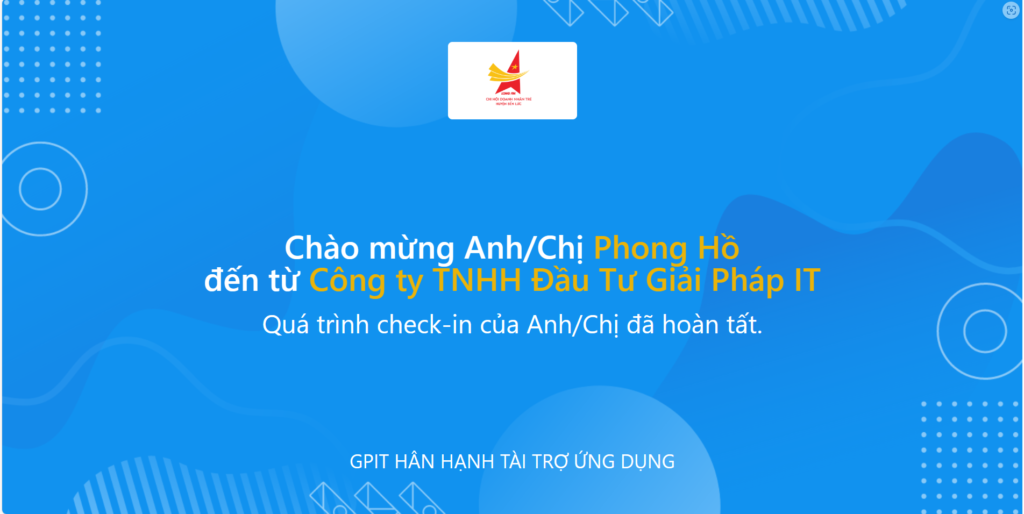 Màn hình chào mừng khi khách check-in thành công