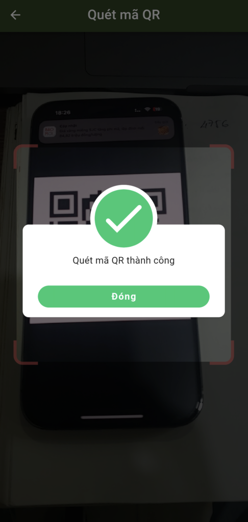 Quét mã QR check-in thành công trên ứng dụng VBA Event