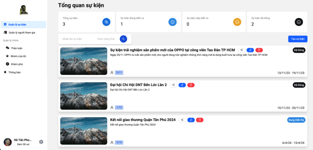 Màn hình Tổng quan sự kiện trên VBA Event Registration