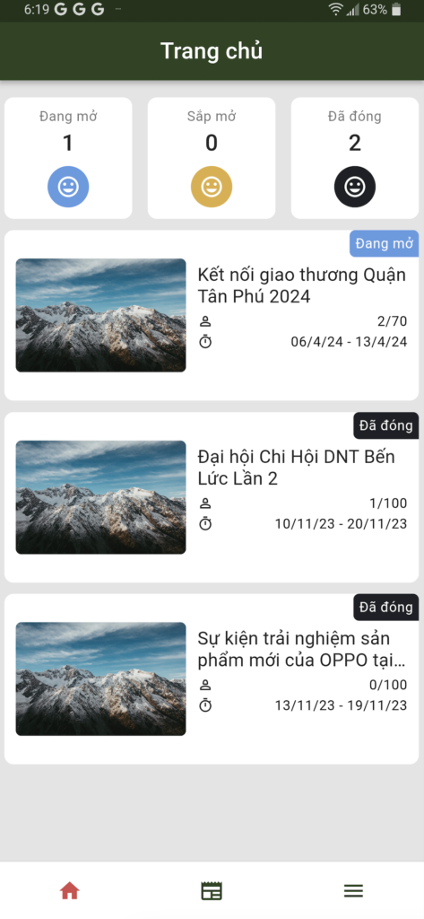 Màn hình trang chủ ứng dụng VBA Event với thống kê và danh sách sự kiện