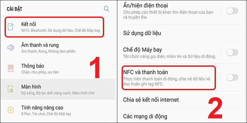 Bật NFC trong mục Cài đặt kết nối của điện thoại Android