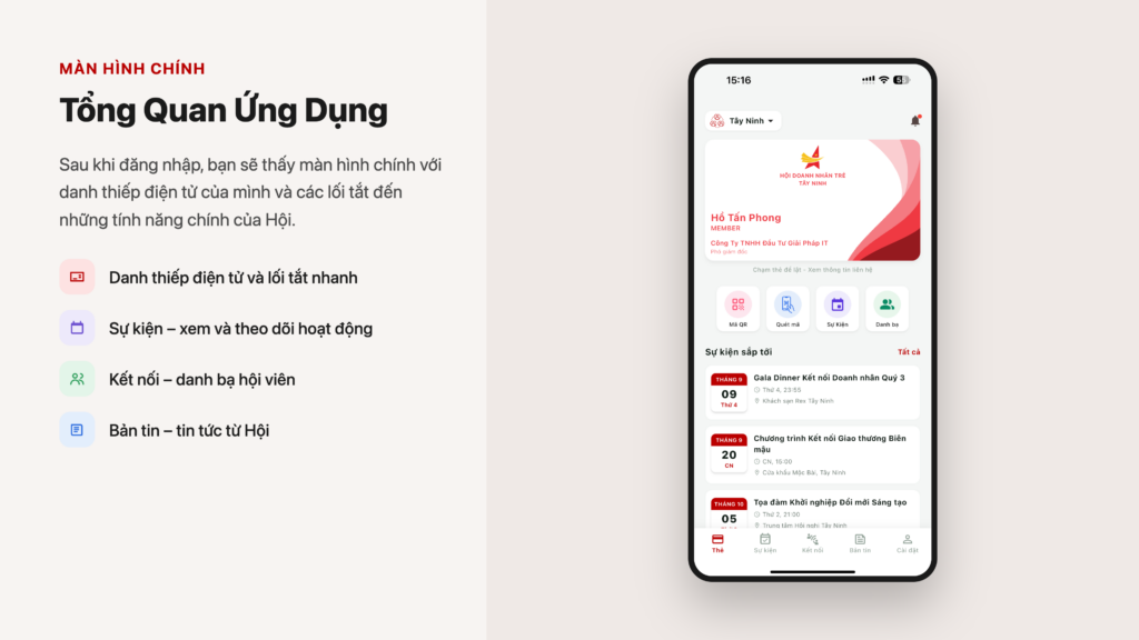 Màn hình chính ứng dụng VBA: danh thiếp điện tử, sự kiện, kết nối và bản tin