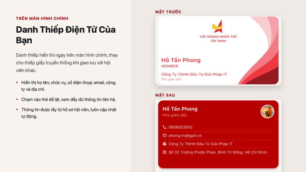 Danh thiếp điện tử hai mặt hiển thị họ tên, chức vụ, số điện thoại, email và công ty