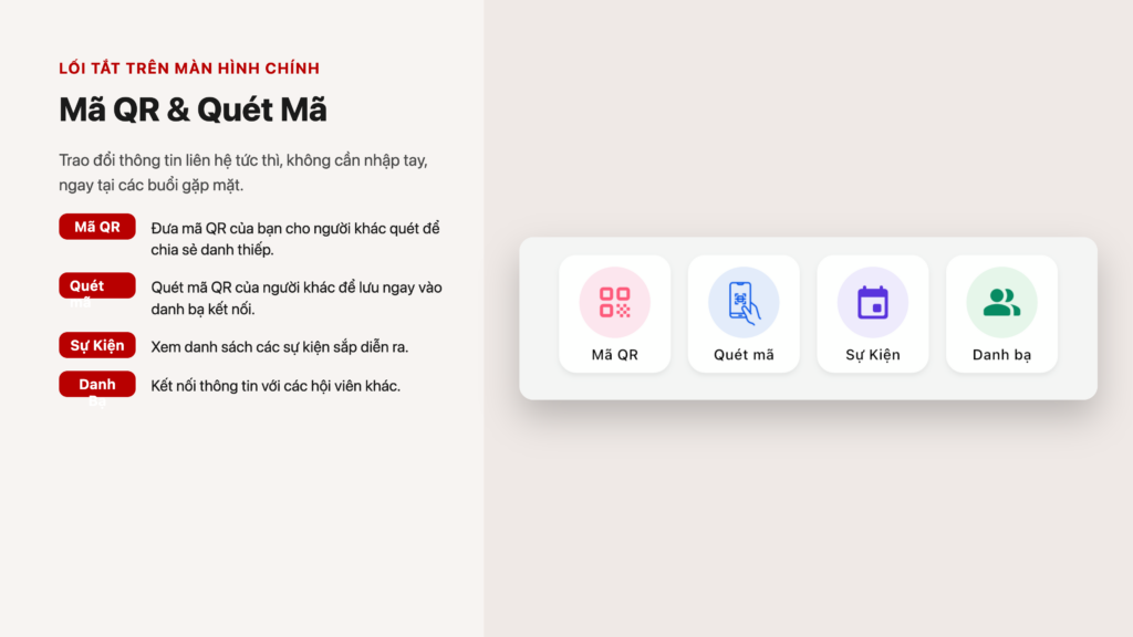 Mã QR và quét mã để trao đổi danh thiếp, xem sự kiện và danh bạ hội viên