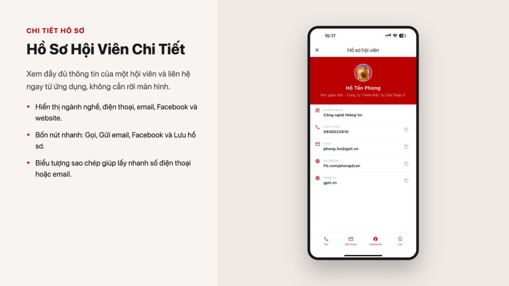Hồ sơ hội viên chi tiết với các nút gọi, gửi email, Facebook và lưu hồ sơ