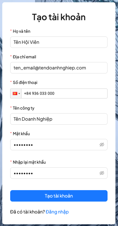 Biểu mẫu tạo tài khoản hội viên VBA đã điền thông tin mẫu