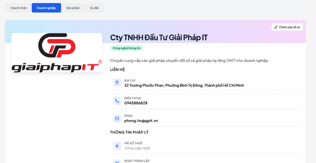 Trang hồ sơ doanh nghiệp hiển thị địa chỉ, số điện thoại và email liên hệ