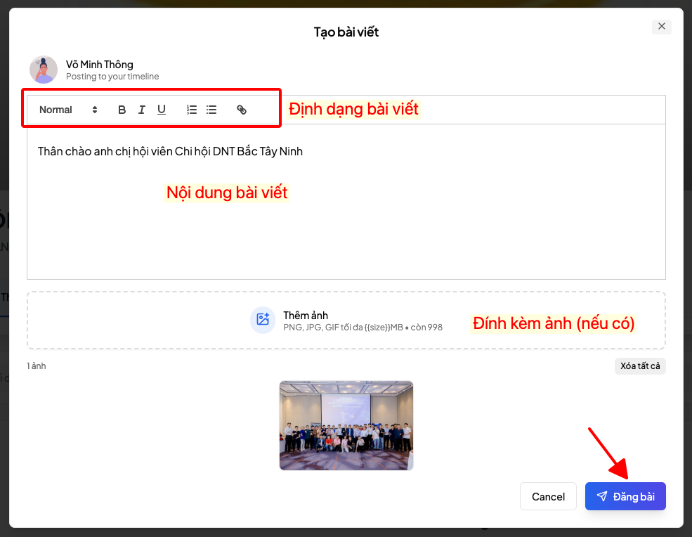 Cửa sổ tạo bài viết trong nhóm, nhập nội dung và đính kèm ảnh