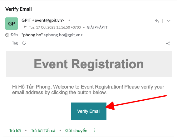 Email xác thực tài khoản với nút Verify Email