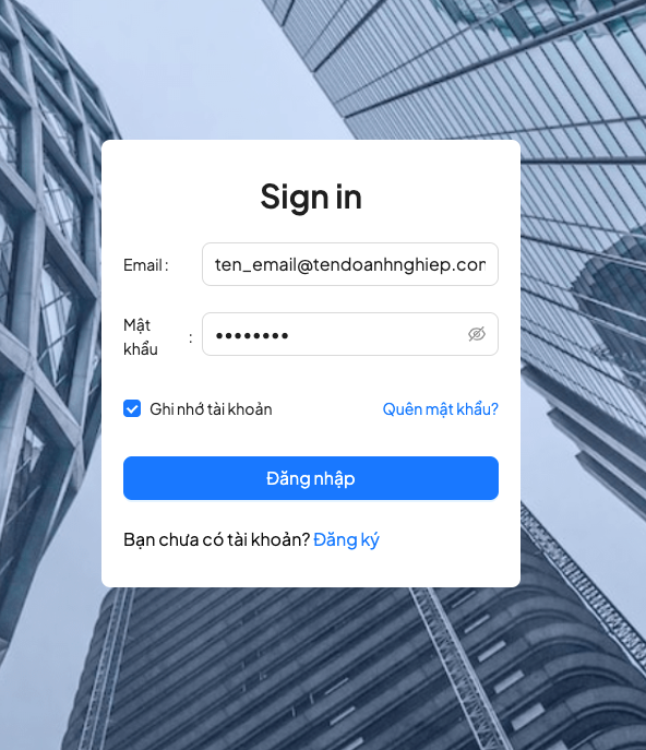 Màn hình đăng nhập tài khoản VBA