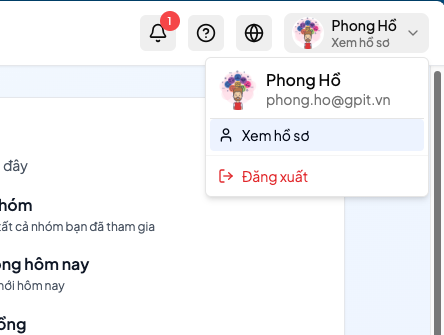 Menu tài khoản với mục Xem hồ sơ và Đăng xuất