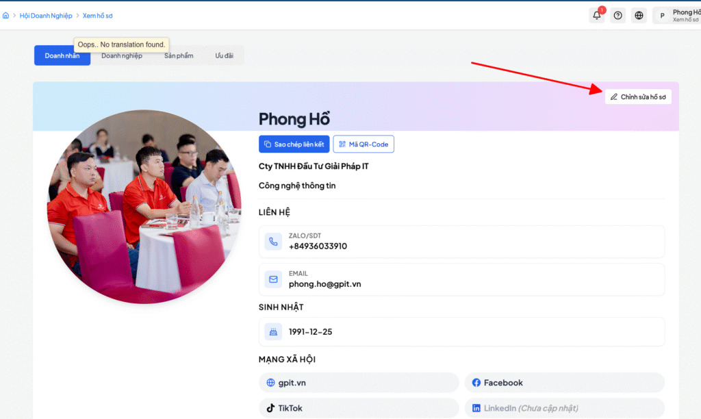 Trang hồ sơ cá nhân trên VBA với thông tin liên hệ và mạng xã hội